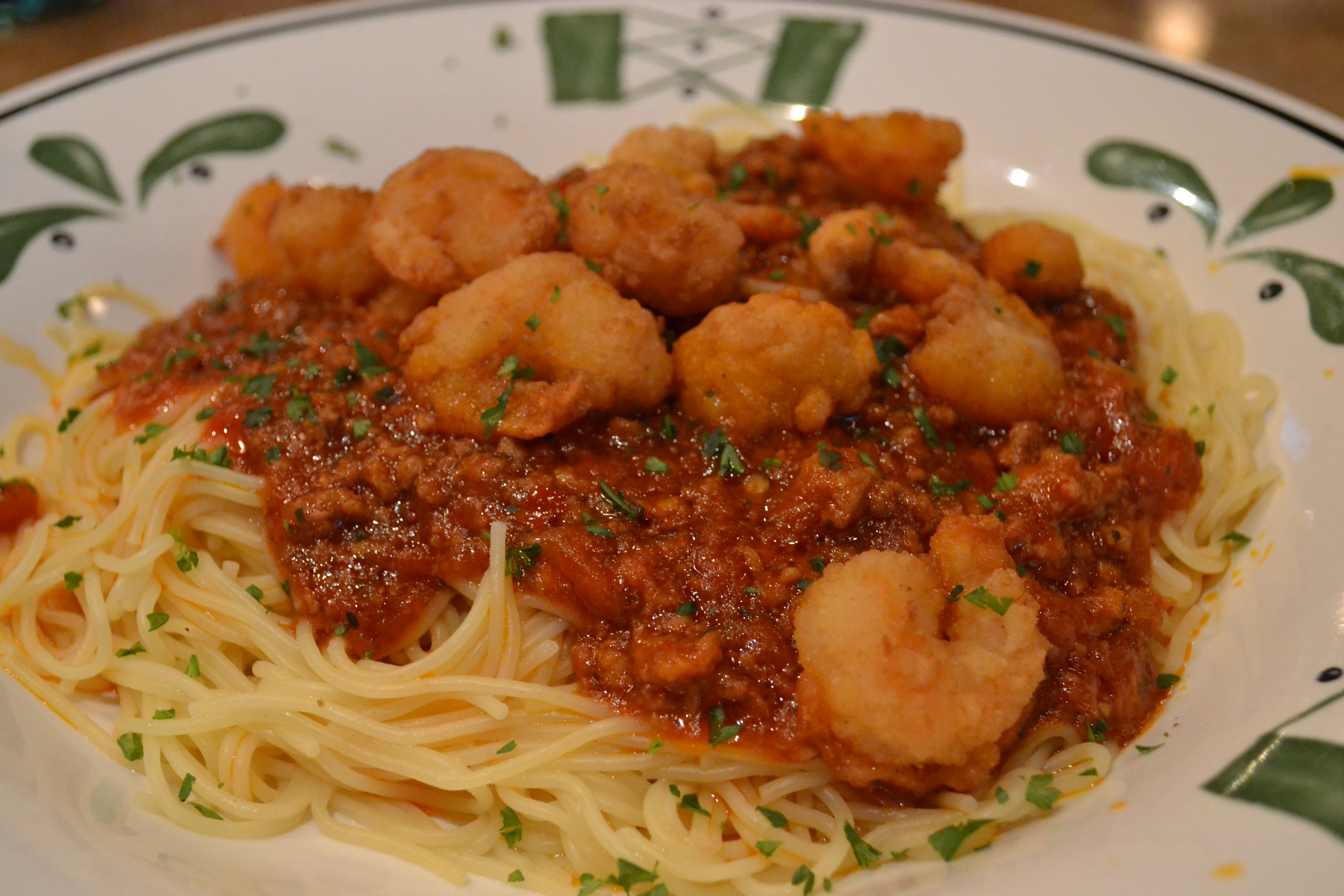 Day 4 Angel Hair Pasta With Spicy Meat Sauce And Shrimp Fritta